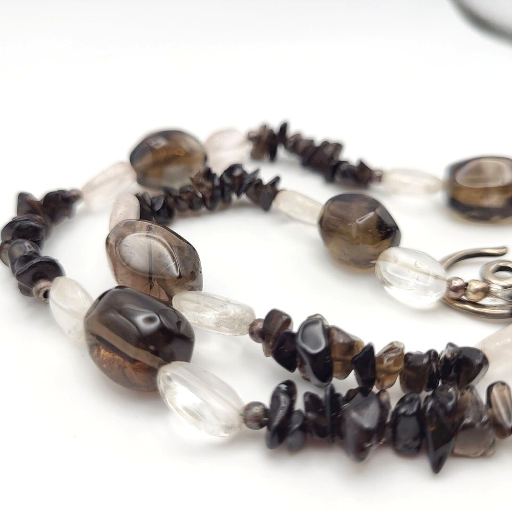 Handmade Clear and Smoky Quartz 19" Necklace 925 Silver‎ Spiral Clasp